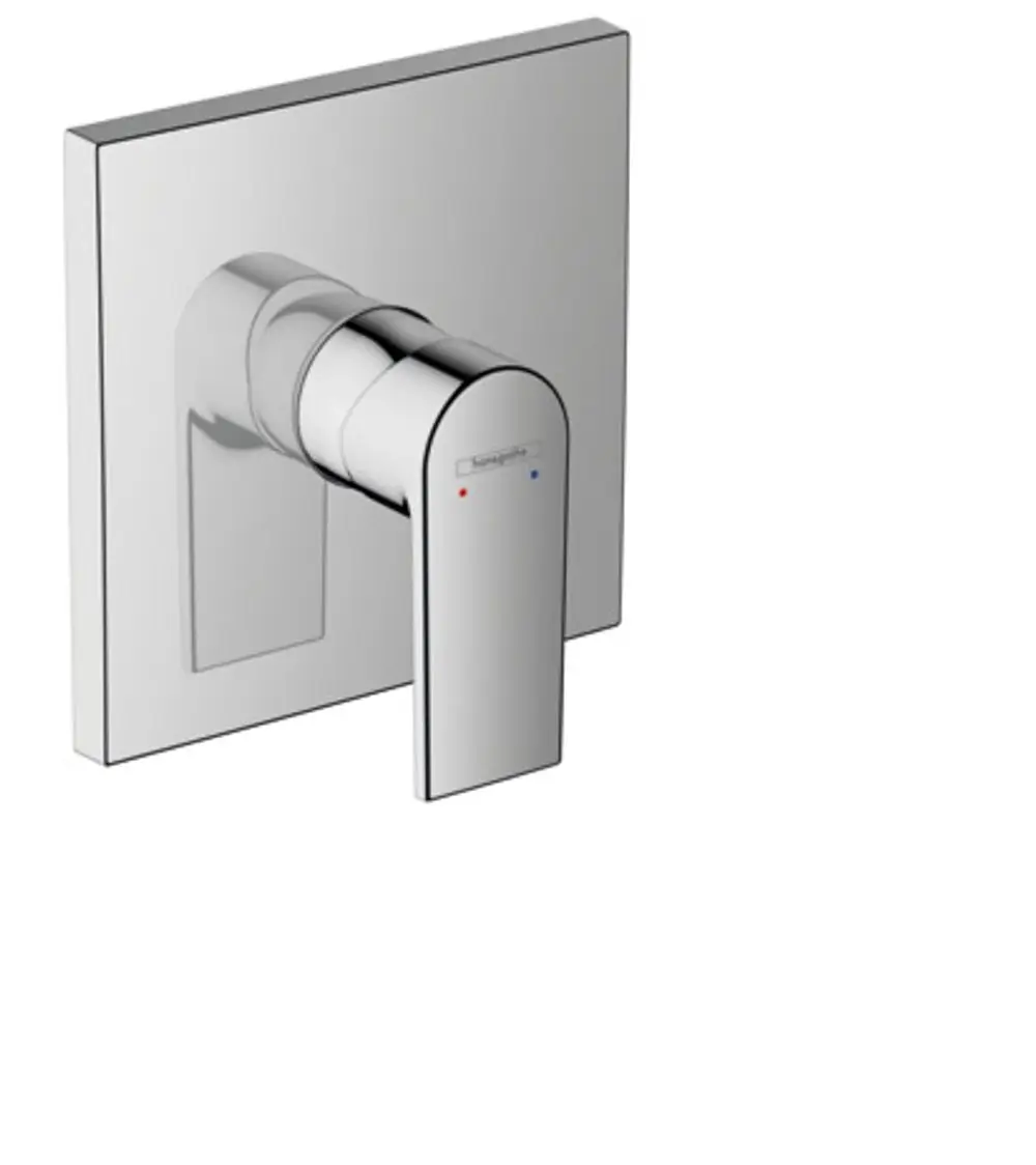 Ein Hansgrohe-Brausemischer bestehend aus einem chromglänzenden, runden Griff und einer rechteckigen Wandplatte, zur Unterputzmontage geeignet.